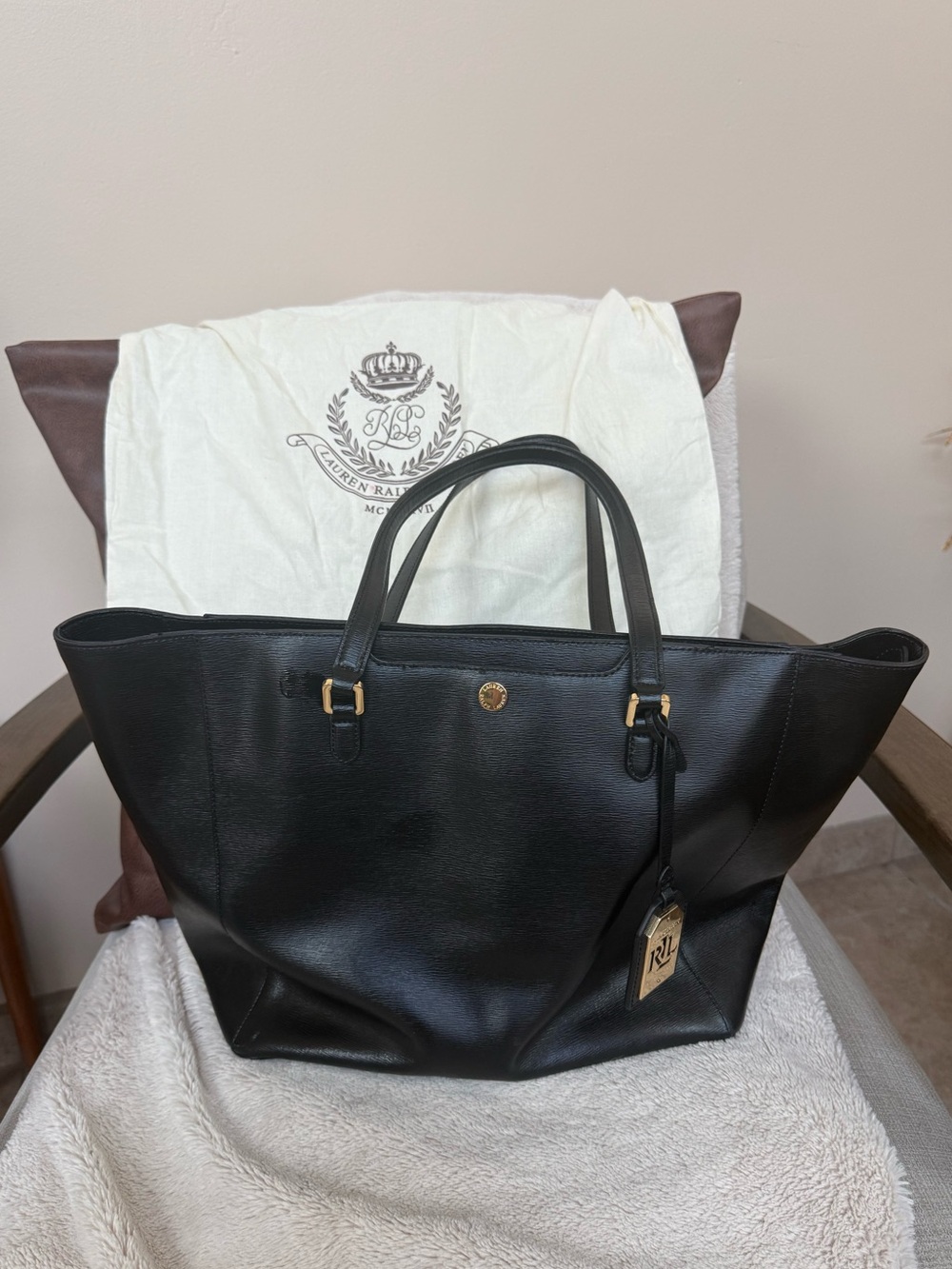 Lauren Ralph Lauren Black Leather Shopper Tote with Gold Accents dust bag